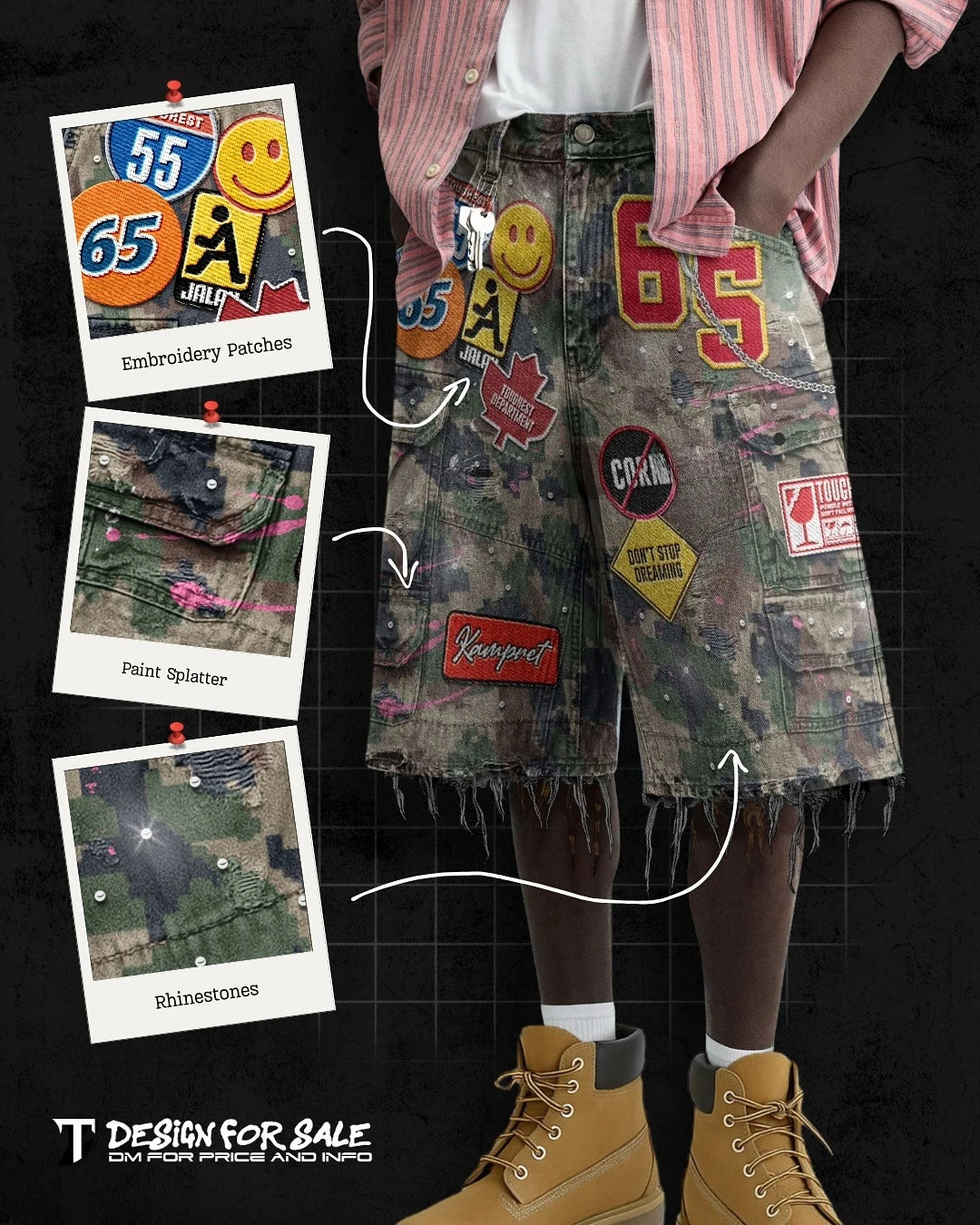 Retro Blue Streetwear Patchwork Denim Short