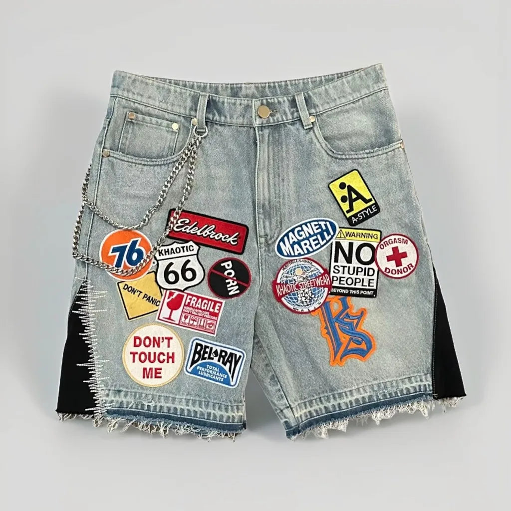 Retro Blue Streetwear Patchwork Denim Short