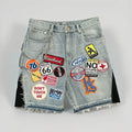 Retro Blue Streetwear Patchwork Denim Short