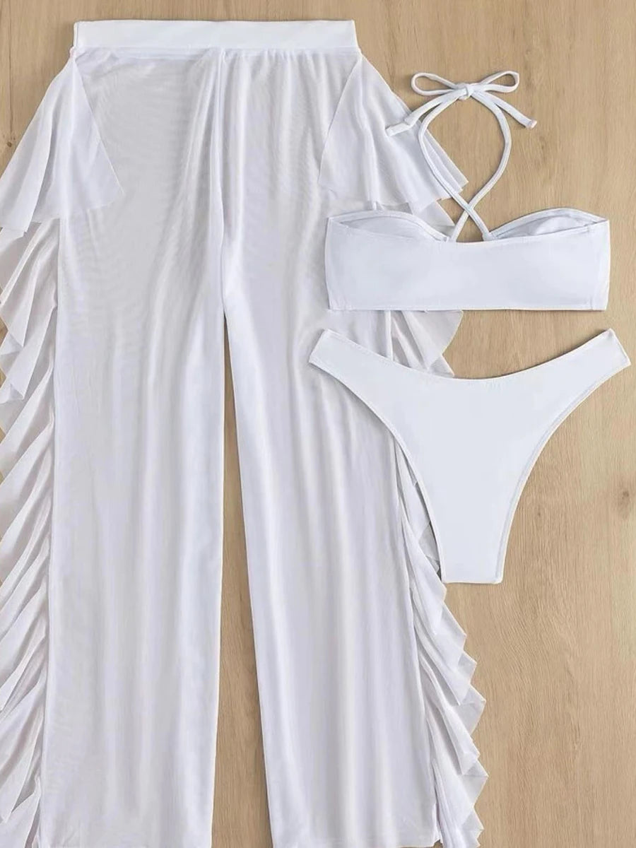 Ivory Èlan 3 Piece Halter Cross Bikini Swimsuit